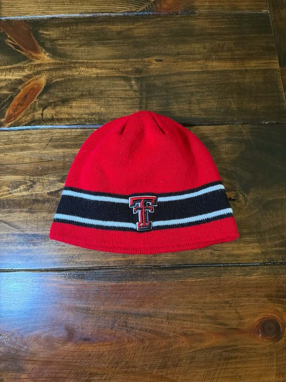 Texas Tech Red Raiders Beanie Knit Hat Red Black Stripe Double T Masked Rider